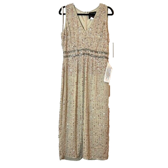 NWT Mac Duggal 70267 Nude Sequined Sleeveless V Neck‎ Midi Sheath Dress Size 12 - Picture 3 of 6